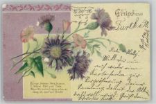 Gedicht "Ich wart auf Briefe" Blumen Glitzer 1901 Lithographie