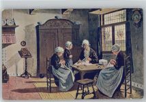 Bauernstube - Nähschule - Berufe Frauen nähen Knöpfe an Wäschestücke an Handarbeit