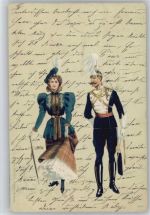 Soldatenliebe - Glamour Frau Pelzmode in Begleitung, litho Uniform 1899