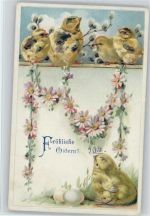 Küken mit Eier Blumengirlande und Kätzchenzweige, litho Osterei 1910 Prägedruck