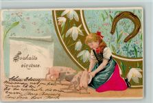 Neujahr - Applikation Seide - Hufeisen, Mädchen mit kleinen Ferkeln, Blumen Hufeisen Prägedruck