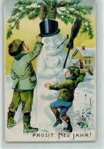 Serie 79 Neujahr - Kinder setzen dem Schneemann einen Zylinder auf - Tannenzapfen Schneemann