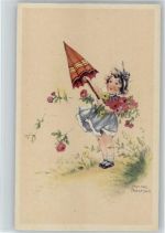 Mädchen mit Regenschirm und Rosen Petersen, Hannes Künstlerkarte
