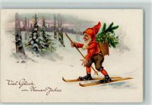 Neujahr - Zwerg mit Ski und eine Kiepe mit Stechpalme Zwerg 1936