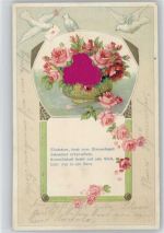Tauben mit Brief , Gedicht Rosen Jugendstil , Seidenapplikation Stoffapplikation 1909 Lithographie / Prägedruck