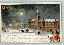 42103 W5600 Elberfeld 1898 Lithographie / Mondschein Gruss aus - Winter, Wappen, Rathaus, Straßenbahn, Verlag Peiniger