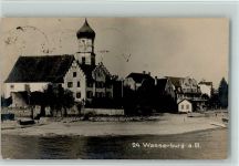 88142 W8992 Wasserburg (Bodensee) 1923 Foto AK Kirchenpartie, drei Stempel drücken durch