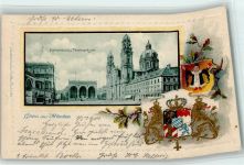 W8000 München Feldherrenhalle Theatiner Kirche Münchner Kindl nur Scan verzogen Wappen 1901 Lithographie / Prägedruck