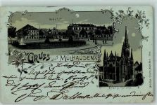 67350 Mulhausen Mühlhausen 1900 Lithographie / Mondschein Bahnhof Ev. Kirche