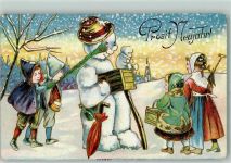 Prägedruck Neujahr Kinder Drehorgel AK Schneemann Gebrauchsspuren