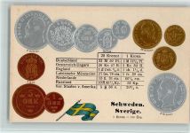 Münzenkarte und Nationalflagge - Schweden AK Münze auf AK Prägedruck