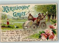 Buchstaben aus Vergissmeinnicht Blüten , Automobil Auto 1905 Prägedruck