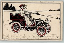 Federzeichnung - Frau im Automobil, signiert Auto 1903 Künstlerkarte