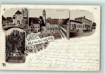 87700 W8940 Memmingen Lithographie Gruss aus - Kriegerdenkmal , Bahnhof , Marktplatz , Ottmar Zieher 420 AK