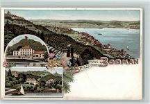78351 W7762 Bodman Gebrauchsspuren Gesamtansicht Gasthof zur Linde Schloss Bodman Lithographie