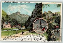 01848 O8352 Hohnstein 1899 Lithographie Hotel Pension Polenztal Hockstein Schloss Hohnstein Wolfsschlucht