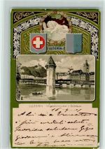 Luzern Lucerne Wasserturm Gütsch Löwendenkmal Lithographie/Prägedruck Wappen 1901 Gebrauchsspuren