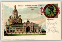 W8000 München II. Kraft - und Arbeitsmaschinen-Ausstellung 1898 Südl. Eingang Schmied Hammer Privatganzsache Lithographie