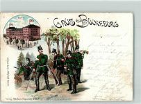 31675 W3062 Bückeburg 1898 Gebrauchsspuren Gruss Kaserne Soldaten Uniform Gewehr Bahnpost Kön Hannover Lithographie