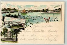 46483 W4230 Wesel a Rhein 1899 Lithographie Denkmal d. 11 Schill'schen Offiziere Arche Eisenbahnbrücke Schiffsbrücke