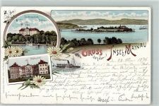 78462 W7750 Insel Mainau 1896 Lithographie Landungsplatz Schloßhof Dampfschiff Kaiser Wilhelm