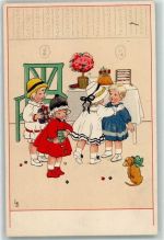 Meissner u. Buch Serie 2301 Gratulanten Kinder Pralinrn Dackel Kuchen Rechenschieber Döring, L. / LD 1918 Lithographie