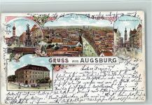 86150 W8900 Augsburg , Bay 1897 Gebrauchsspuren Gruss aus - Lithographie - Hotel Bayr. Hof, Perlachturm