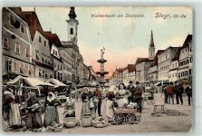 4400 Steyr 1907 Gebrauchsspuren Wochenmarkt am Stadtplatz Marktszene