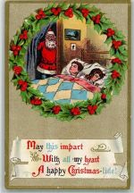 Happy Christmas Sterchpalme Kranz Kinder schlafen Weihnachtsmann Prägedruck