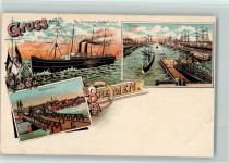 28195 W2800 Bremen Lithographie Gruss aus - Dampfer der Nordd. Lloyd, Freihafen, Weserbrücke AK