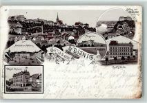 04703 O7320 Leisnig 1897 Gebrauchsspuren Gruss aus - Litho, Postamt, Kaserne , Schloß, Realschule AK