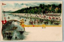 23730 W2430 Oevelgönne in Holstein Lithographie Strand Gasthaus Fischer Cobra Alhabasca Fähnchen