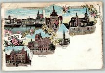 18435 O2300 Stralsund Lithographie Marienkirche Nicolaikirche Rathaus Post Hafen Küther-Tor