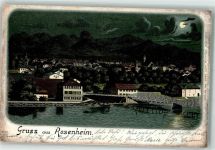 83022 W8200 Rosenheim , Oberbay 1899 Lithographie / Mondschein Inn-Brücke