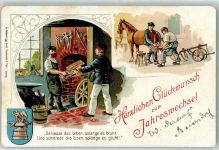 Gruss aus Hufschmied Postbote Zeitschrift: "Der Deutsche Schmiedemeister " Neujahr Sprichwort Spruch Schmied 1909 Lithographie