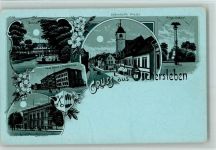 39387 O3230 Oschersleben 1898 Lithographie / Mondschein Nr. 969 Gruss aus - Kriegerdenkmal, Schule, Krankenhaus, Strasse bei der Kirche