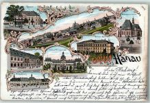 63450 W6450 Hanau 1899 Lithographie Theater Wilhelmsbad Marktplatz Schloss Philippsruhe Zeichen-Akademie Französische Kirche