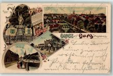 39288 O3270 Burg b Magdeburg 1900 Lithographie Denkmal Breiteweg Bahnhof Fabrik Kirche Blumen Kutsche Gruss
