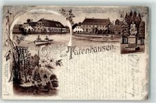 33790 W4802 Tatenhausen , Westf 1897 Gebrauchsspuren Gasthaus Hoffschulte Schloss Simson Denkmal Wald Ruderboot Blumen Gruss Lithographie Bahnpost Osnabrück Bielefeld Zug Nr.338