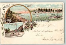 23669 W2408 Niendorf , Ostsee 1898 Lithographie Strand Strandstraße Raddampfer Segelboot Fahne Schwarz-Weiß-Rot Vögel Blumen Gruss