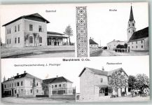 4614 Marchtrenk - Bahnhof Kirche Gemischtwarenhandlung J. Pöstinger Gasthaus