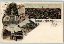 39288 O3270 Burg b Magdeburg 1900 Lithographie Denkmal Breiteweg Bahnhof Fabrik Kirche Blumen Kutsche Gruss