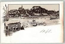 82319 W8130 Starnberg Gebrauchsspuren Gasthaus zur Eisenbahn Kirche Ruderboot Schiff Gruss Lithographie Vorläufer
