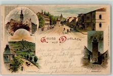 76131 W7500 Durlach 1900 Lithographie Ev. Kirche Rathaus Turmberg Dorfstraße Radfahrer Baseltor