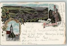 72793 W7417 Pfullingen 1898 Lithographie Kirche mit Rathaus Lichtenstein