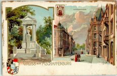 63739 W8750 Aschaffenburg Lithographie Monumentalbrunnen Luitpoldstraße Wappen sign