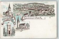 51643 W5270 Gummersbach Gebrauchsspuren Kath. Kirche Ev. Kirche Kriegerdenkmal Lithographie