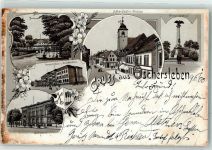 39387 O3230 Oschersleben 1900 Gebrauchsspuren Kriegerdenkmal Landratsamt Neue Schule Halberstädter Straße Lithographie