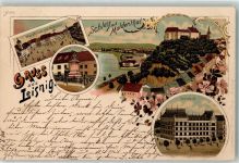 04703 O7320 Leisnig 1899 Lithographie Realschule Bismarck-Denkmal Marktplatz Rathaus Schloß