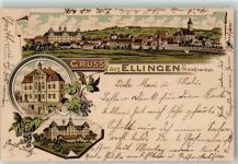 91792 W8836 Ellingen , Bay 1898 Gebrauchsspuren Rathaus Schloss Kirche Turm Mauer Reben Lithographie